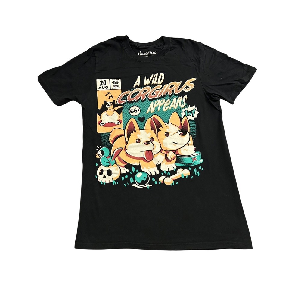 Threadless TShirt Mens Small Black Excellent A Wild Corgirus Appears Graphic Tee